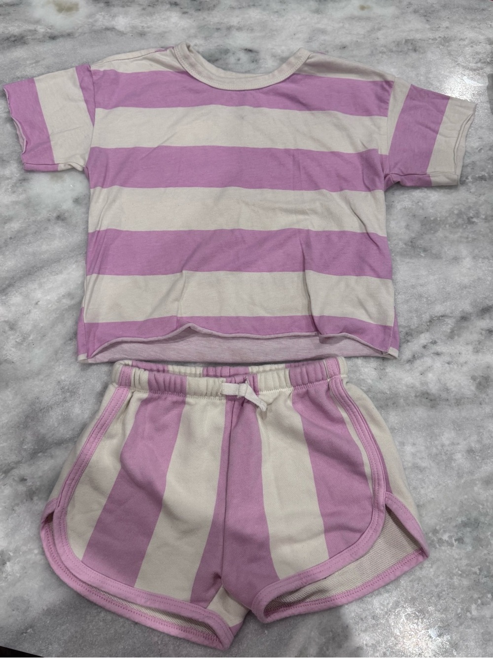 Girls' Lavender & Cream Striped Short Sleeve Set